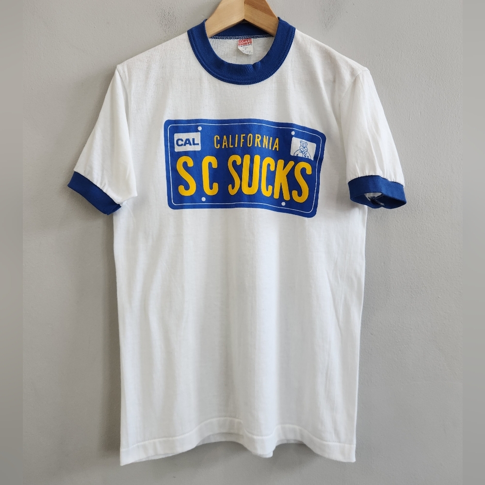 Vintage 80s UCLA Bruins Ringer Shirt College Blue White "SC SUCKS" Size Medium